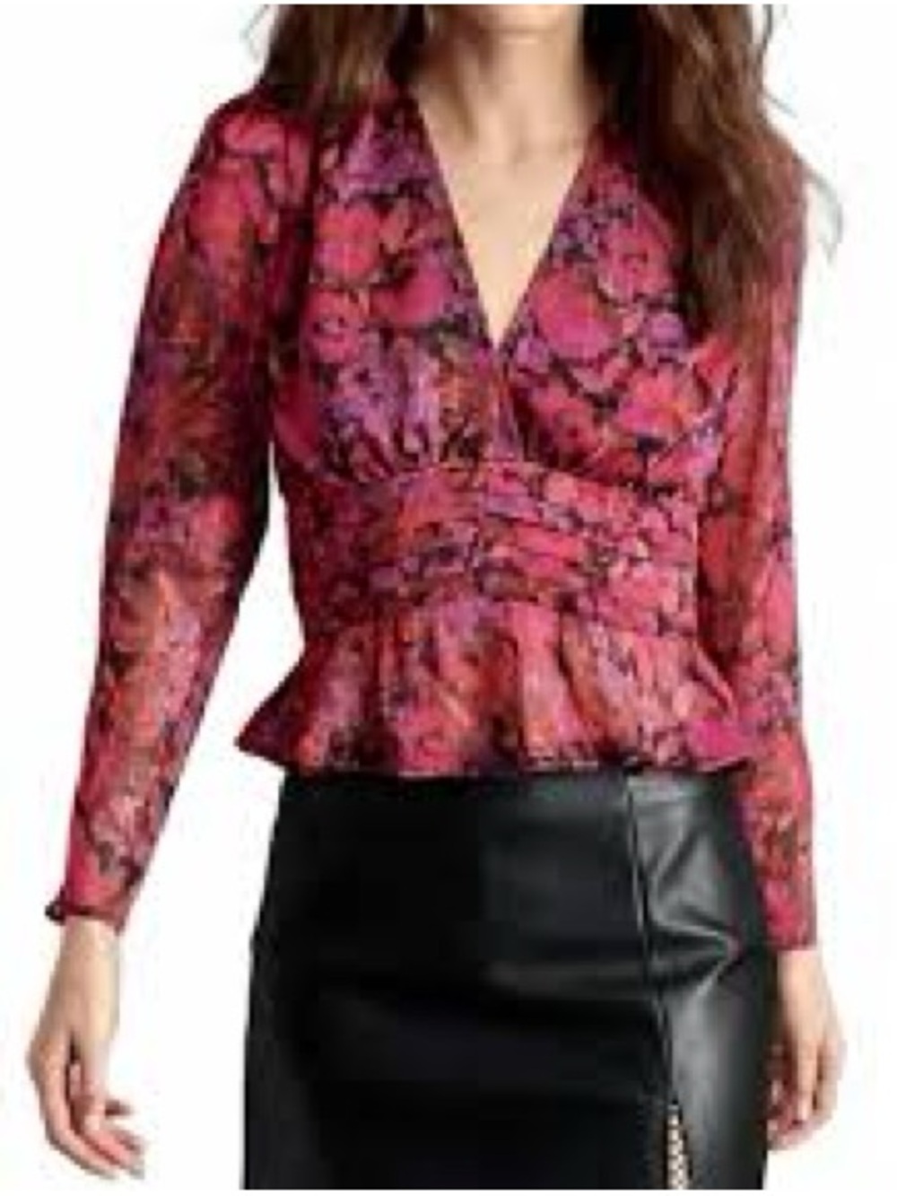 Steve Madden Fuchsia Floral V-Neck Peplum Blouse